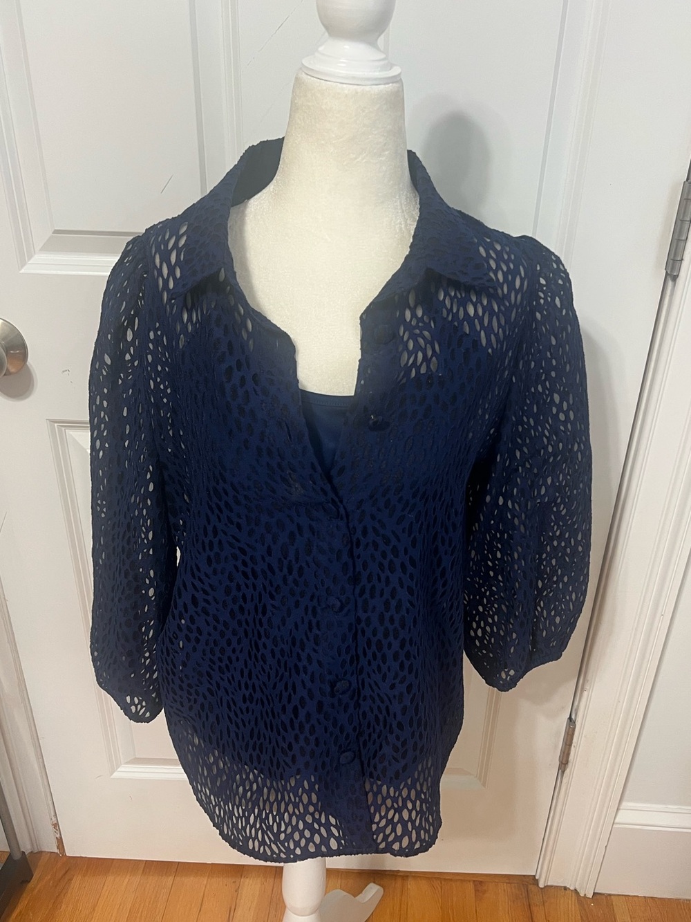Navy Eyelet Button-Front Women's Top
